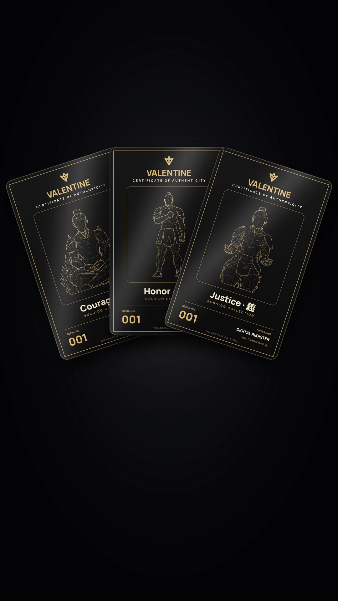 Die drei Zertifikatskarten der Bushido Collection: Courage, Honor, Justice