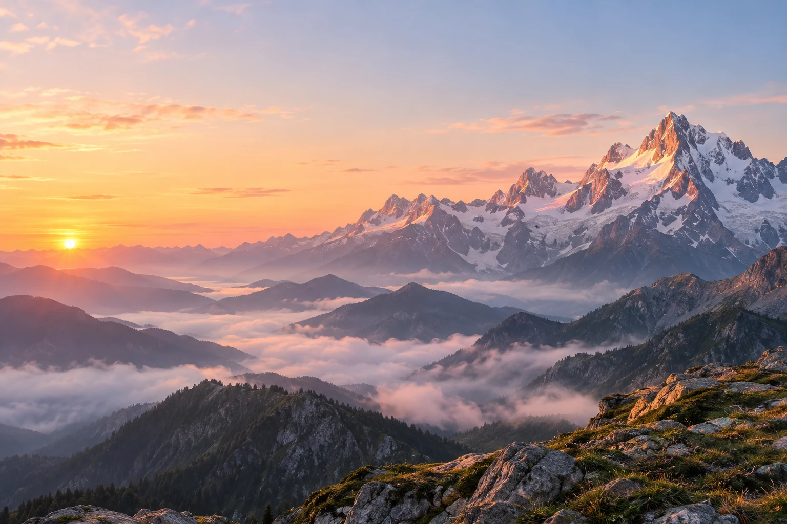 Warmes Sonnenlicht über den Alpen